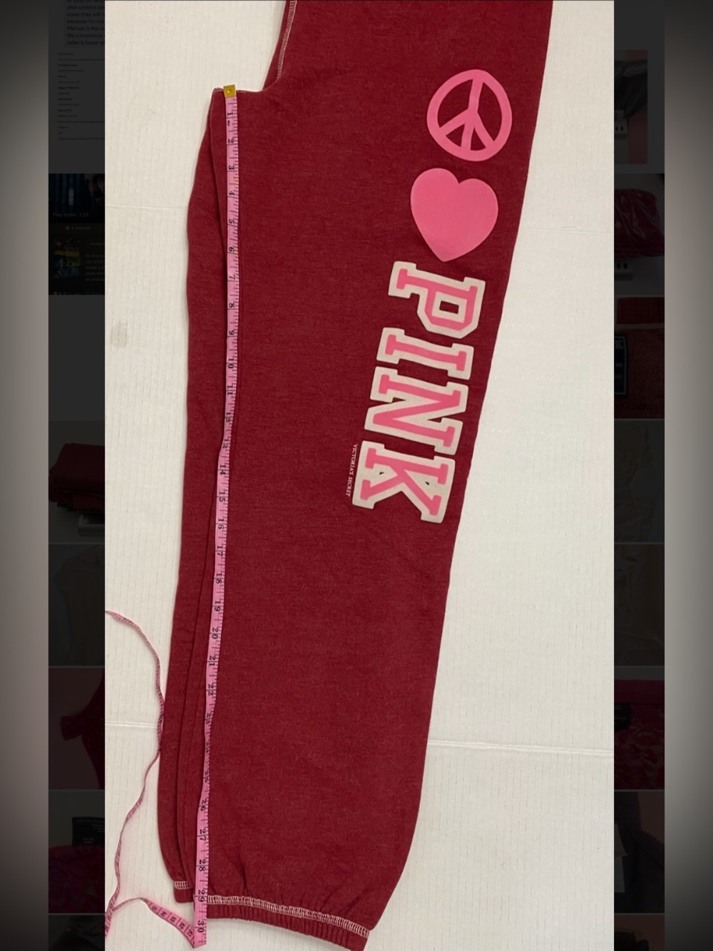 2008 Pink vintage sweatpants brick red & pink felt logo heart peace sign EUC - Picture 5 of 6
